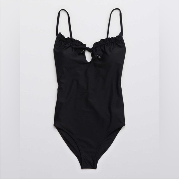 Aerie Black One Piece Swimsuit Ruffle Deep V Tie Front Sz M - Picture 10 of 12